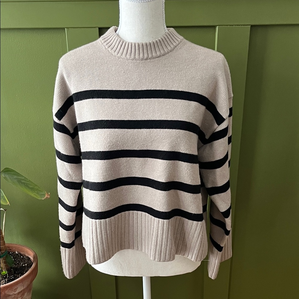 H&M Beige and Black Striped Oversized Sweater